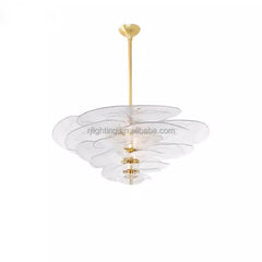 Sculptural Clear Textured Glass Petal Cluster Chandelier, Layered Radiating Panels, Brass Stem, Dining Room & Stairwell