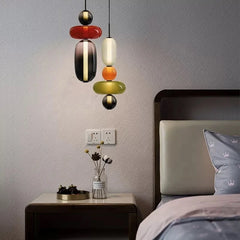 Tiered Glass Bead Pendant Light, Cream and Wine Red Finish, 3 Tier Stack, Large, Black Cord Suspension, Bedside & Dining Table