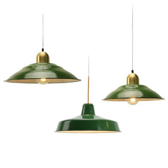 Glazed Green Enamel 35cm Dome Pendant Light, Brass Cap and Brass-Lined Interior, Exposed Bulb, Kitchen Island & Dining Table