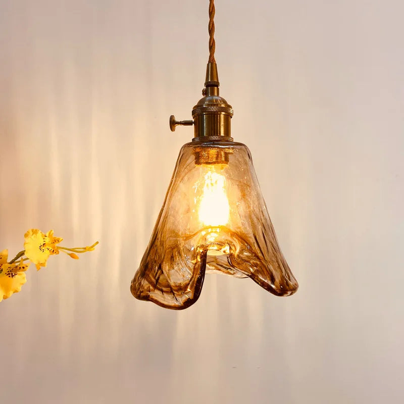 Amber Glass Ruffled Bell Pendant Light, 14cm Shade, Brushed Brass Fitting, Twisted Cord, Bedside & Living Room