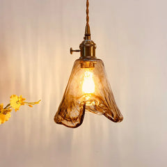 Amber Glass Ruffled Bell Pendant Light, 14cm Shade, Brushed Brass Fitting, Twisted Cord, Bedside & Living Room
