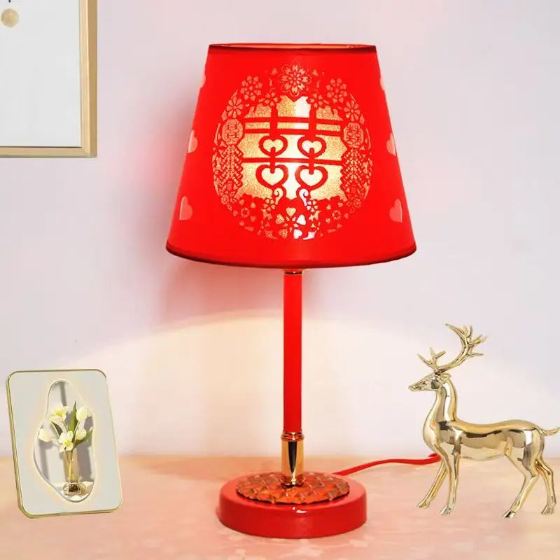 Red Metal Column Table Lamp, Laser-Cut Fabric Shade with Heart Motif, Brass-Trimmed Painted Base, Bedside & Console