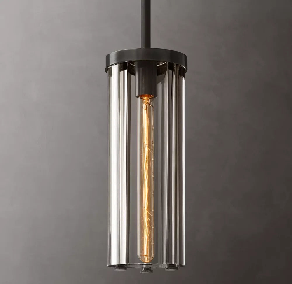Fluted Clear Glass Cylinder Pendant Light, Bronze Cap and Base, Rod Suspension, Bulb Not Included, Kitchen Island & Dining Table