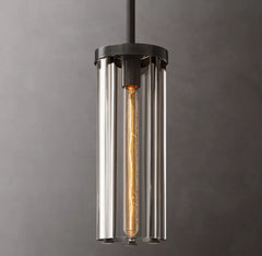 Fluted Clear Glass Cylinder Pendant Light, Bronze Cap and Base, Rod Suspension, Bulb Not Included, Kitchen Island & Dining Table