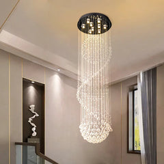 Crystal Spiral Cluster Chandelier, 9 Lamp, Faceted Crystal Beads, Long Cascading Drop, Stairwell, Hallway & Landing