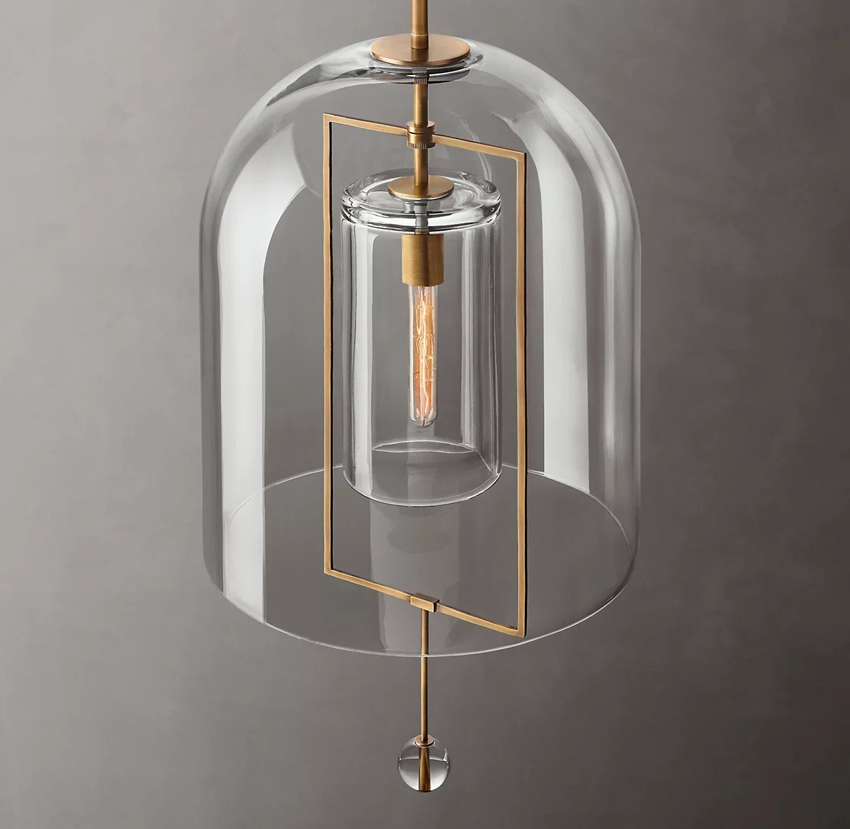 Clear Glass Bell Pendant Light, Vintage Brass Rectangle Frame, 13" Dome, Exposed Filament Bulb, Hallway, Dining Table & Living Room