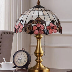 Textured Glass Dome Table Lamp, Cream Floral Glass Panels, Antique Brass Baluster Base, Pull Chain Switch, Living Room