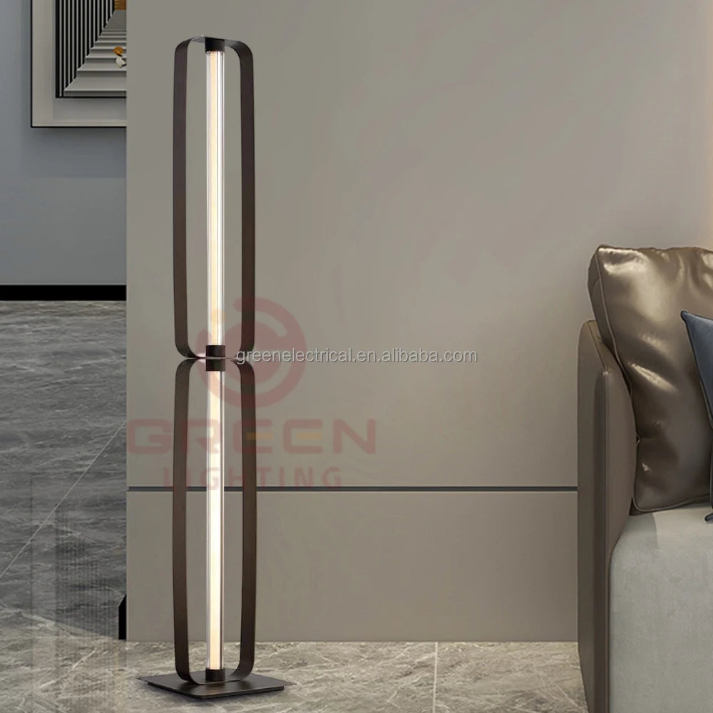 Black Steel Column Floor Lamp, 1280mm Tall, Twin Oval Loop Frame with Integrated LED Strip, Living Room & Office