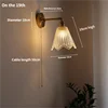 Fluted Glass Bell Wall Light, Clear Finish, Brushed Brass Gooseneck Arm, Pull Cord Switch, Bedroom, Hallway & Living Room