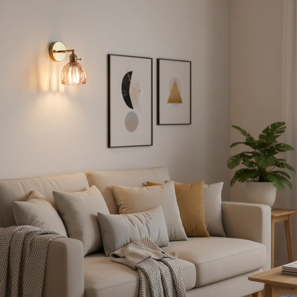 Fluted Amber Glass Bell Wall Light, Brass Arm and Round Backplate, Wide Flared Scalloped Shade, Bedside, Hallway & Living Room