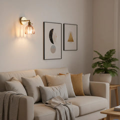 Fluted Amber Glass Bell Wall Light, Brass Arm and Round Backplate, Wide Flared Scalloped Shade, Bedside, Hallway & Living Room