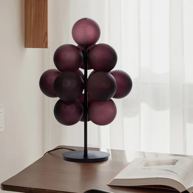 Ribbed Glass Cluster Table Lamp, Grape Cluster Silhouette, Wine Red Finish, Black Metal Stem and Round Base, Living Room