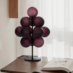 Ribbed Glass Cluster Table Lamp, Grape Cluster Silhouette, Wine Red Finish, Black Metal Stem and Round Base, Living Room