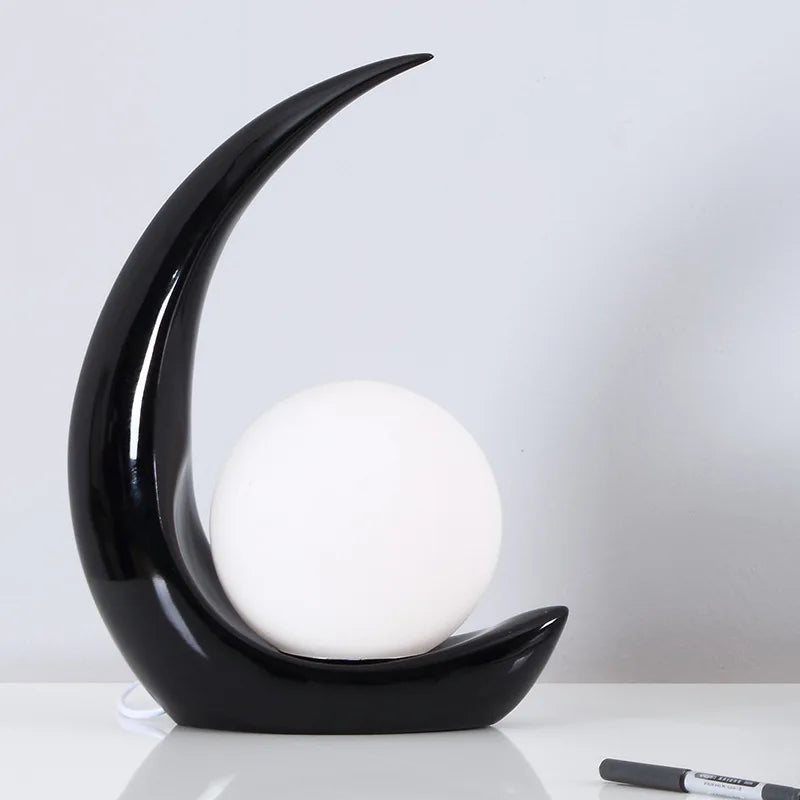 Arched Resin Sphere Table Lamp, Crescent Moon Silhouette, Opal Glass Globe, Gloss Black Finish, Bedside & Console
