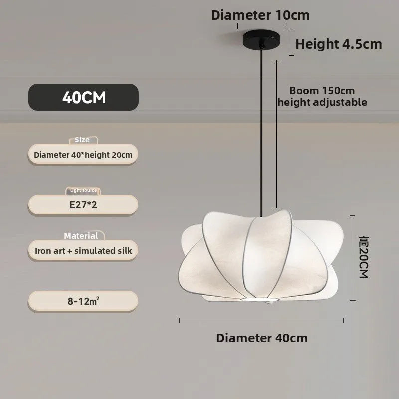 White Silk Cluster Pendant Light, 40cm Diameter, Soft Folded Cloud Shape on a Black Cord, Living Room & Bedroom