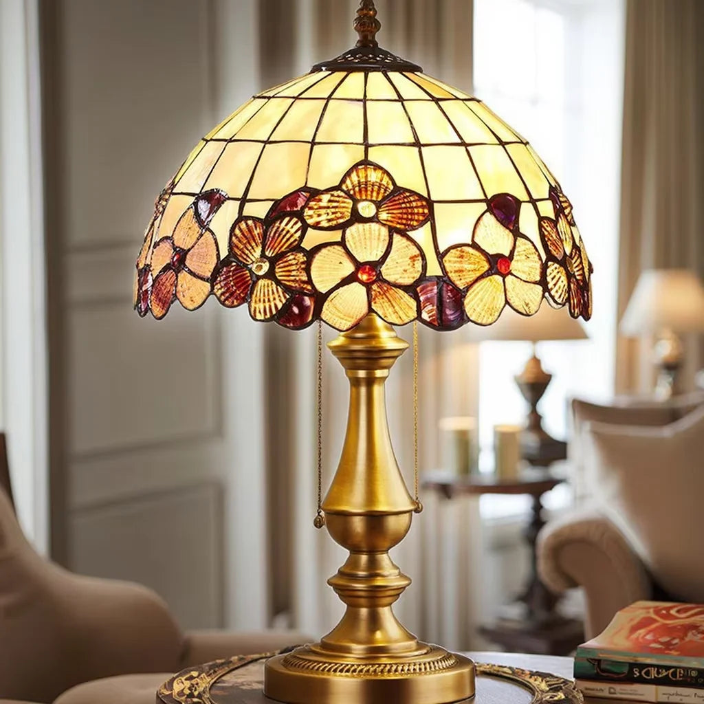 Textured Glass Dome Table Lamp, Cream Floral Glass Panels, Antique Brass Baluster Base, Pull Chain Switch, Living Room
