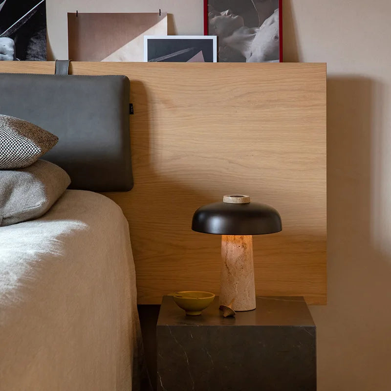 Natural Travertine Mushroom Table Lamp, White Metal Dome Cap, Tapered Stone Column, Living Room, Study & Bedside