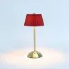 Red Pleated Fabric Cone Table Lamp, Brass Stem, Rechargeable Cordless Touch Control, Bedside, Console & Dining Table