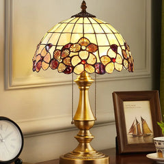 Textured Glass Dome Table Lamp, Cream Floral Glass Panels, Antique Brass Baluster Base, Pull Chain Switch, Living Room