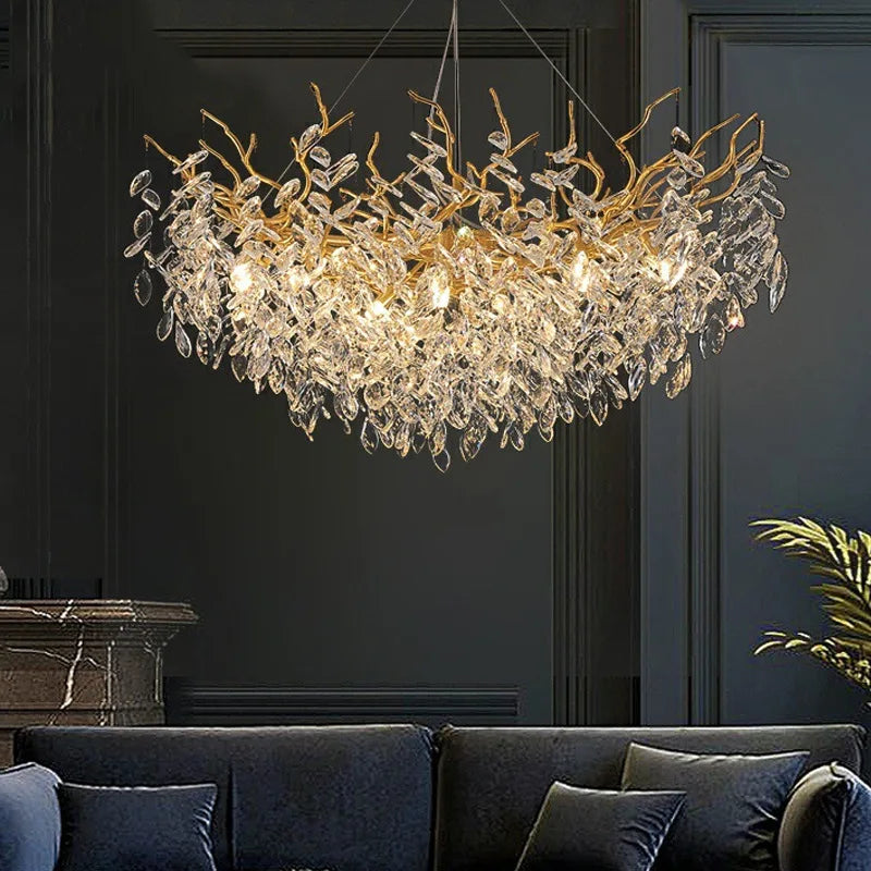 Gold Branch Crystal Leaf Chandelier, Faceted Drops on Slim Arms, Long Linear Oval Spread, Single Fixed Finish, Dining Table & Living Room