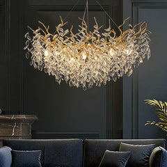Gold Branch Crystal Leaf Chandelier, Faceted Drops on Slim Arms, Long Linear Oval Spread, Single Fixed Finish, Dining Table & Living Room