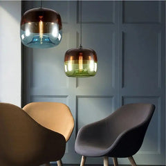 Amber to Green Ombre Glass Drum Pendant Light, Graduated Glass Tone, Exposed Bulb, Dining Table & Kitchen Island