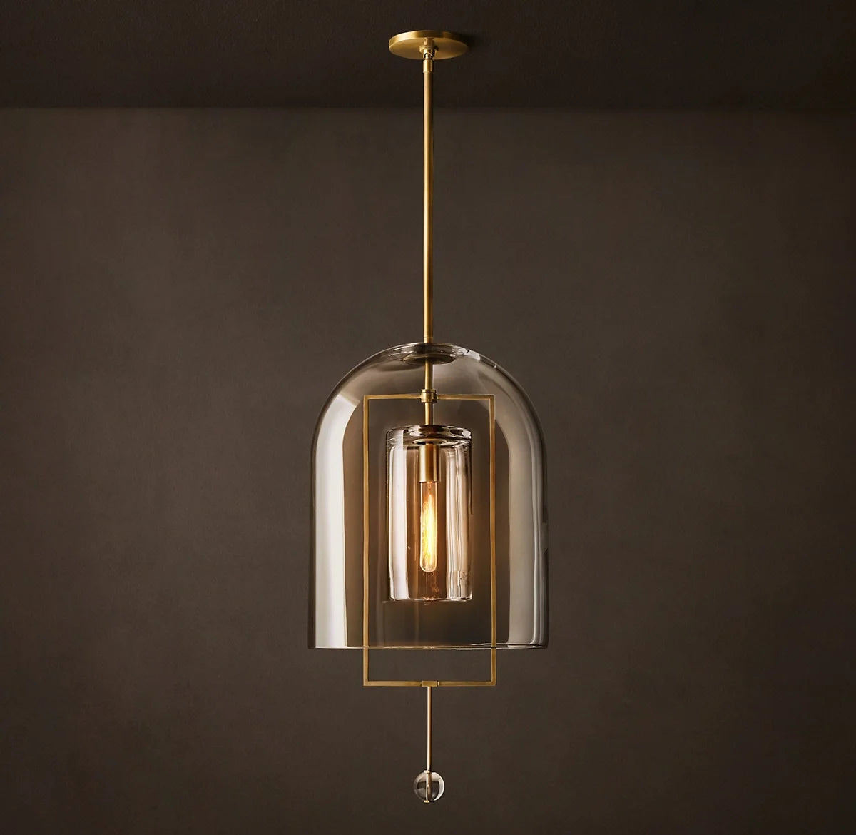 Clear Glass Bell Pendant Light, Vintage Brass Rectangle Frame, 13" Dome, Exposed Filament Bulb, Hallway, Dining Table & Living Room