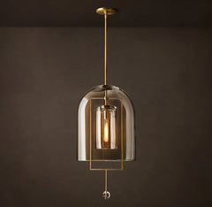 Clear Glass Bell Pendant Light, Vintage Brass Rectangle Frame, 13" Dome, Exposed Filament Bulb, Hallway, Dining Table & Living Room