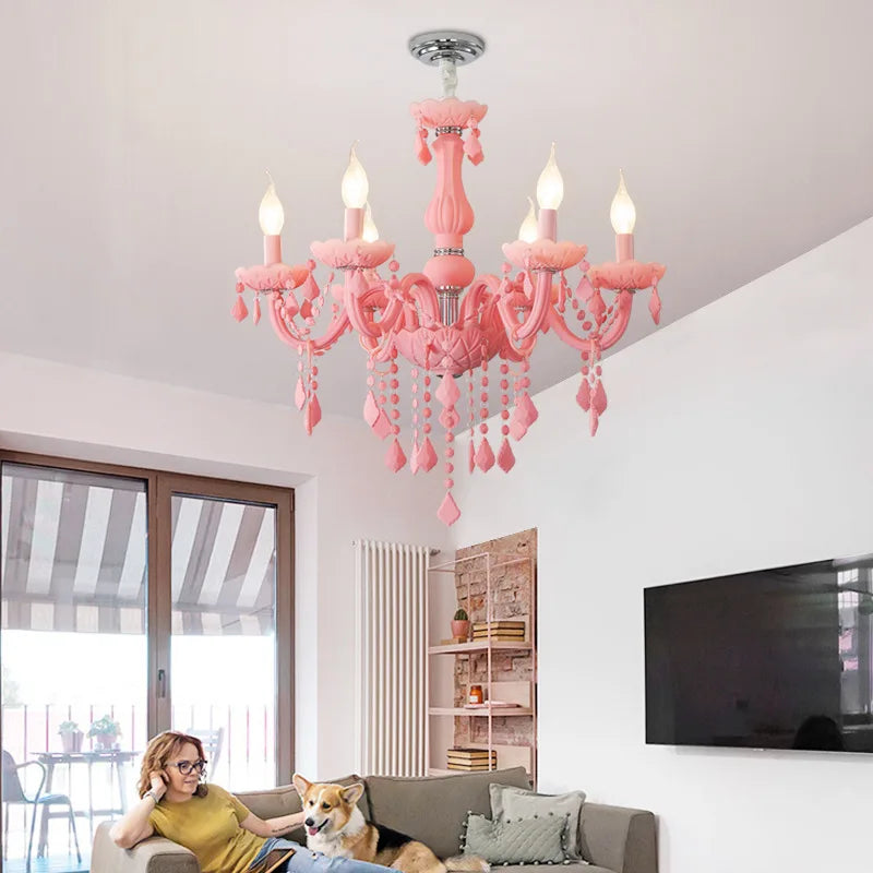Pink Glass Candelabra Chandelier, 8 Lights, Scrolled Arms, Matching Crystal Drops, Chrome Accent Ring, 72cm Diameter, Bedroom & Living Room