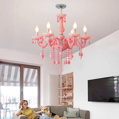 Pink Glass Candelabra Chandelier, 8 Lights, Scrolled Arms, Matching Crystal Drops, Chrome Accent Ring, 72cm Diameter, Bedroom & Living Room