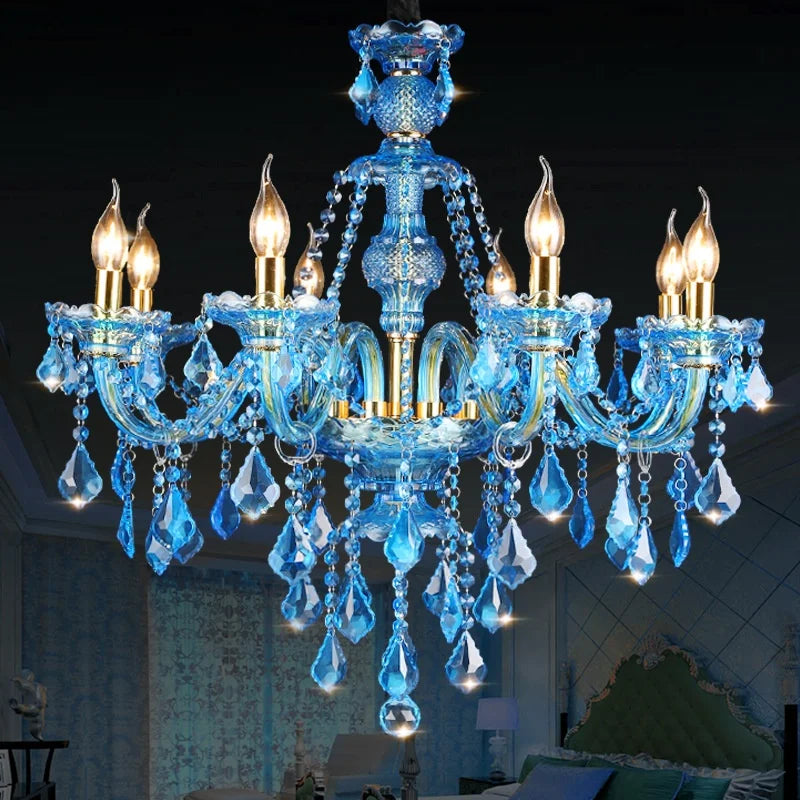 Blue Glass Branch Chandelier, 8 and 4 Candle Style Arms, Gold Fittings, Crystal Drops, Without Shades, Dining and Living Room