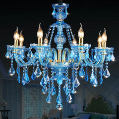 Blue Glass Branch Chandelier, 8 and 4 Candle Style Arms, Gold Fittings, Crystal Drops, Without Shades, Dining and Living Room