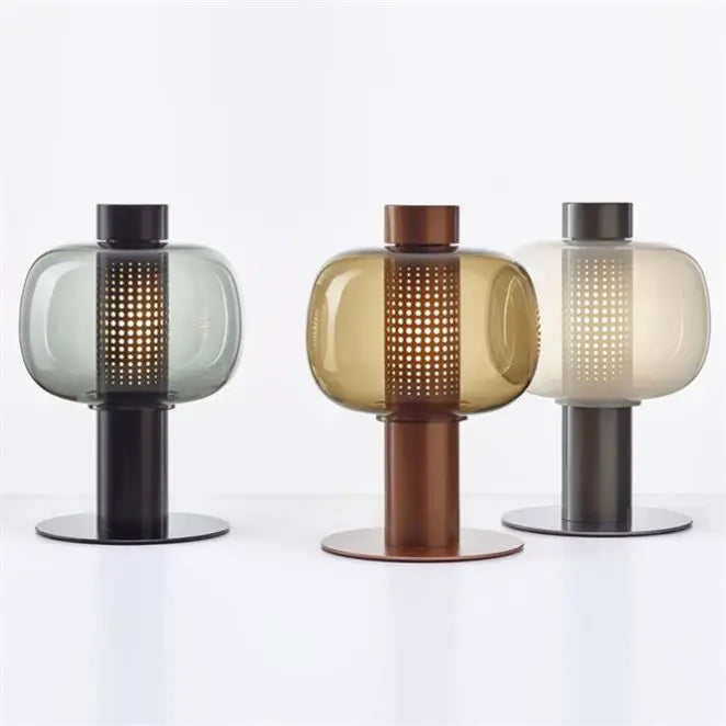Smoked Glass Drum Table Lamp, Perforated Metal Diffuser, Slim Column Base, Living Room, Home Office & Bedside