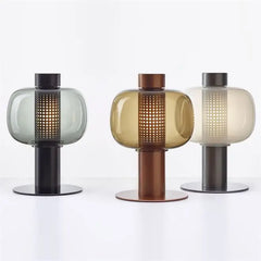 Smoked Glass Drum Table Lamp, Perforated Metal Diffuser, Slim Column Base, Living Room, Home Office & Bedside