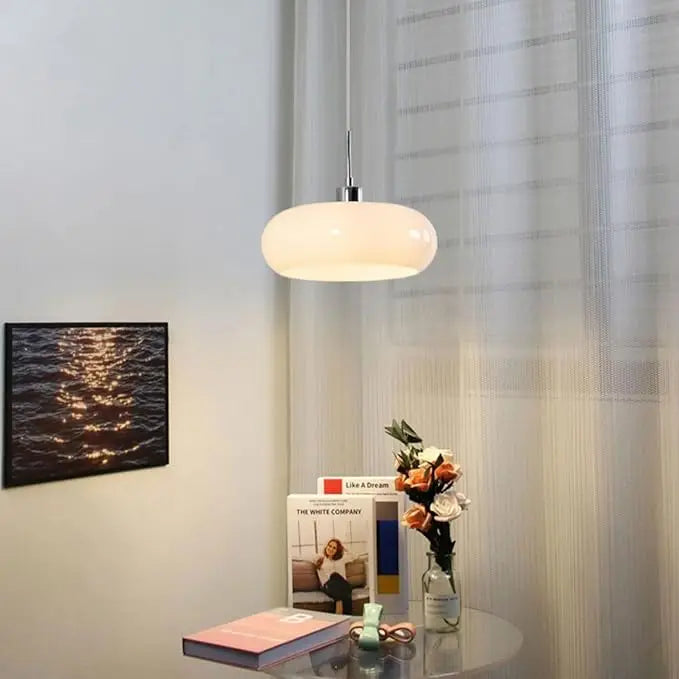 Brown Opal Glass Ellipse Pendant Light, Rounded Drum on a Slim Chrome Cord, Dining Table, Kitchen Island & Living Room