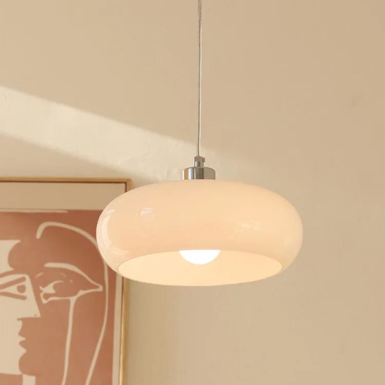 Glossy Wine Red Glass Drum Pendant Light, Rounded Pebble Silhouette, Polished Chrome Fitting, Living Room & Bedroom