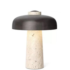 Natural Travertine Mushroom Table Lamp, White Metal Dome Cap, Tapered Stone Column, Living Room, Study & Bedside
