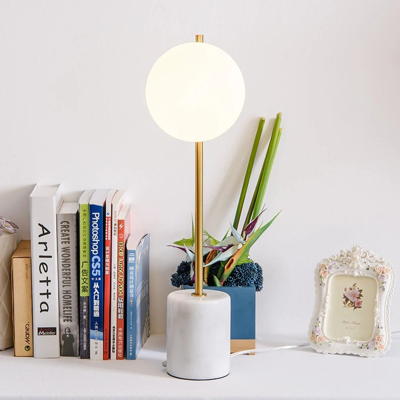 Opal Glass Globe Table Lamp, Offset Sphere on a Slim Brass Pole, Cylindrical White Marble Base, Console & Bedside