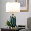 Waisted Glass Column Table Lamp, Green Finish, Cotton drum shade, Gold Collar and Foot, Large Size, Living Room & Bedroom