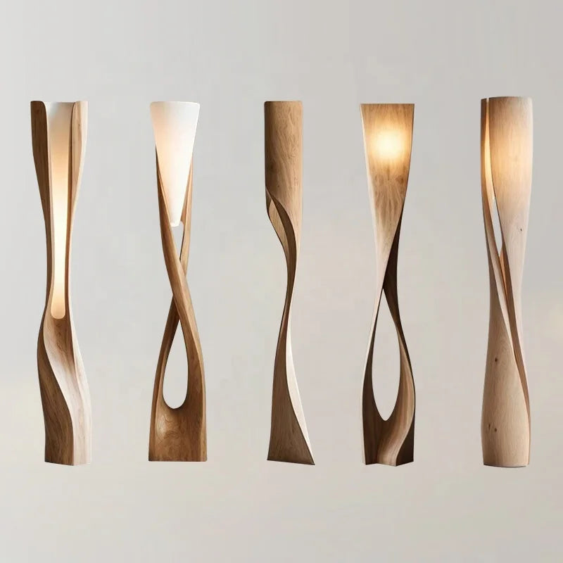 Sculptural Twisted Wood Column Floor Lamp, Brown Tone, Freestanding Base, Living Room, Dining Room & Reading Corner