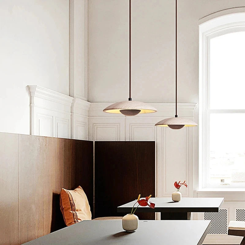 Travertine Disc Pendant Light, Speckled Stone Saucer Shade, Natural Wood Connecting Collar, Bedside & Dining Table