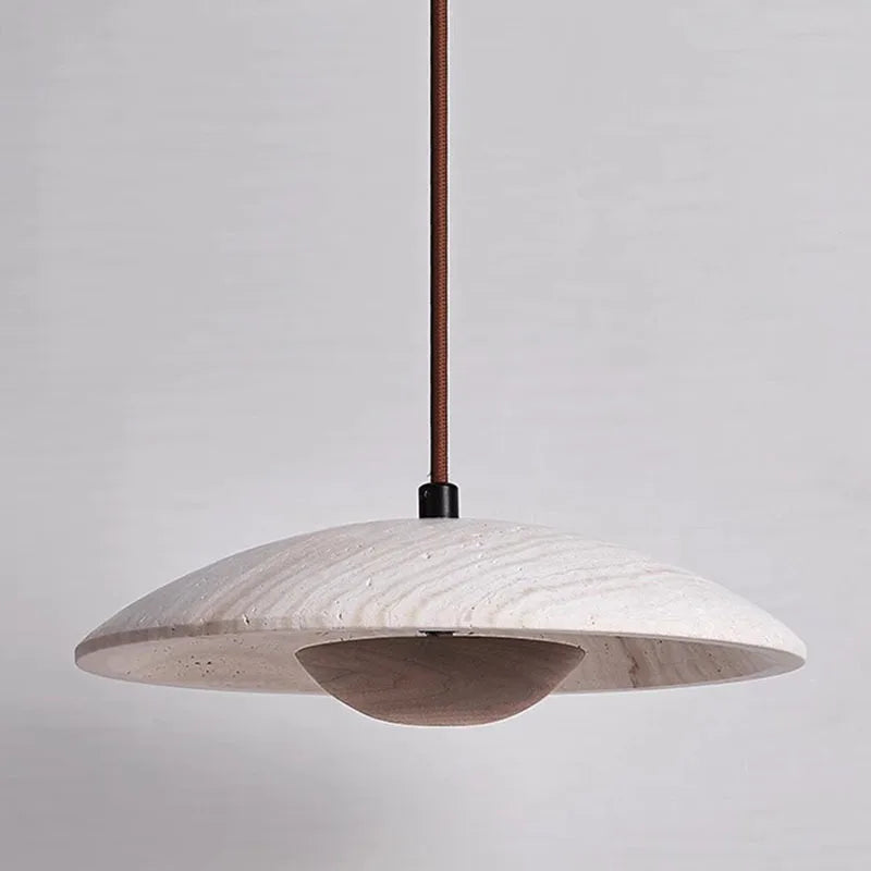 Travertine Disc Pendant Light, Speckled Stone Saucer Shade, Natural Wood Connecting Collar, Bedside & Dining Table