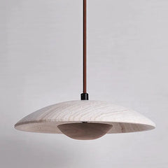 Travertine Disc Pendant Light, Speckled Stone Saucer Shade, Natural Wood Connecting Collar, Bedside & Dining Table