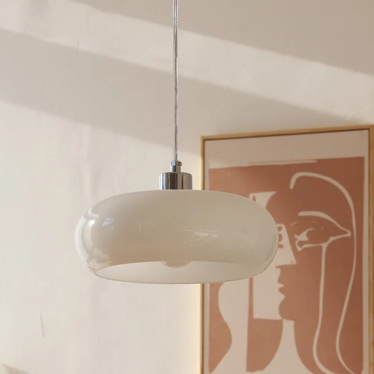 Glossy Wine Red Glass Drum Pendant Light, Rounded Pebble Silhouette, Polished Chrome Fitting, Living Room & Bedroom