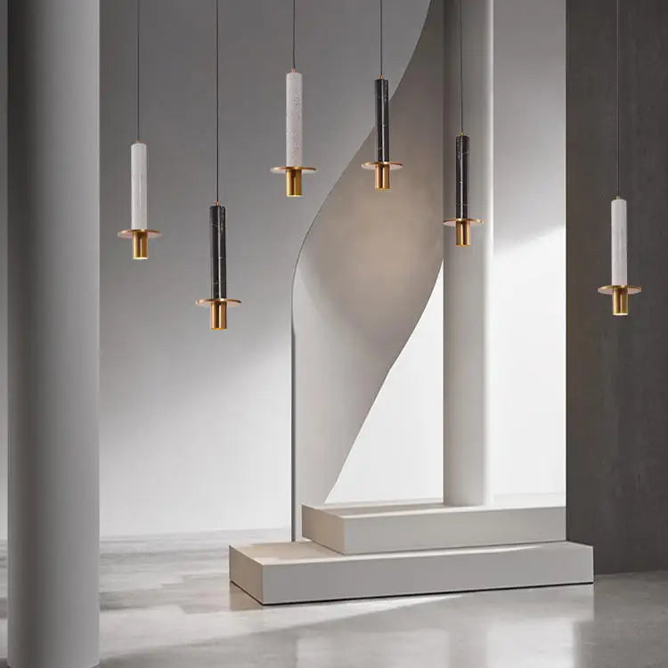 Polished Black Marble Column Pendant Light, Brass Disc Base, Integrated LED, Kitchen Island, Dining Table & Living Room