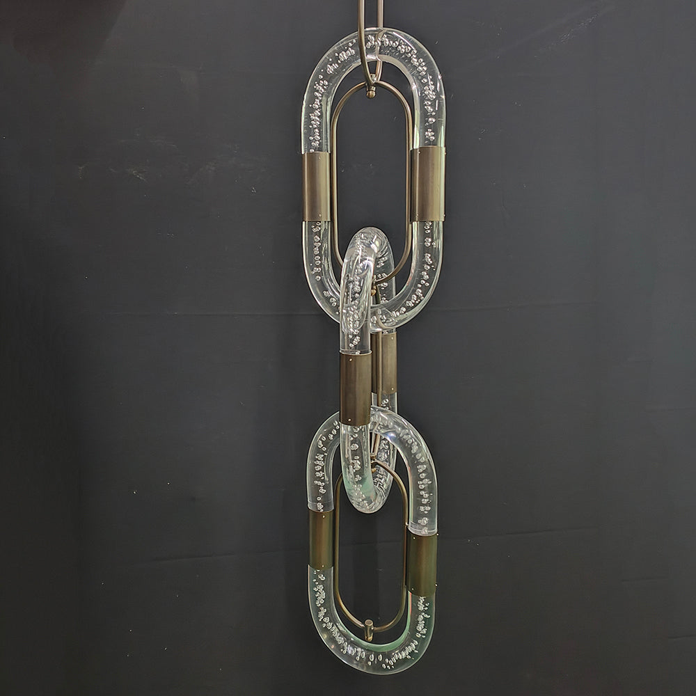 Seeded Acrylic Tiered Ring Pendant Light, Antique Brass Connectors, Four Linked Chain Rings, Integrated LED, Dining Room, Stairwell & Hallway