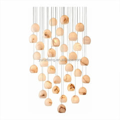 Textured Alabaster Sphere Cluster Chandelier, Natural White Finish, Three-Drop Cascading Cable, Living Room & Stairwell