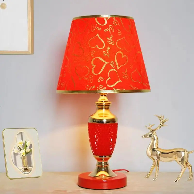 Red and Brass Table Lamp, Fabric drum shade printed with a gold heart pattern, Turned Brass Baluster Base, Bedside & Console