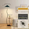 Black Curved Stem Floor Lamp With Side Shelf, Low Pleated Cream Cone Shade, Marble Base, Living Room, Bedroom & Reading Corner