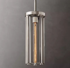 Fluted Clear Glass Cylinder Pendant Light, Bronze Cap and Base, Rod Suspension, Bulb Not Included, Kitchen Island & Dining Table